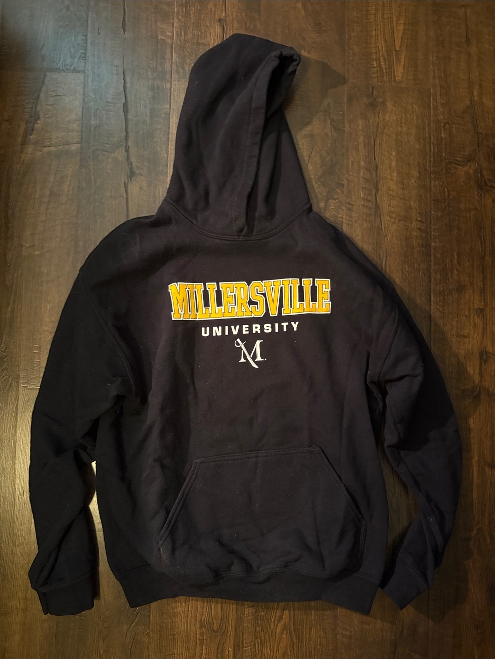 Gildan Black Millersville University Hooded Sweatshirt with Gold Lettering